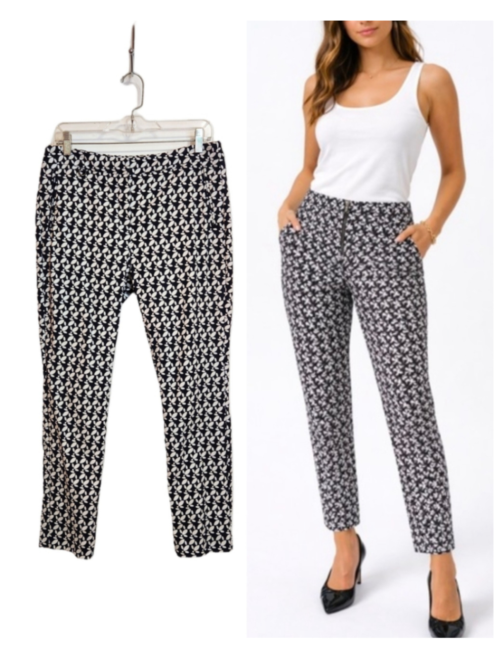 Adrianna Papell Trousers Size 8 Navy White Abstract Leaf Print Slim Ankle Pants